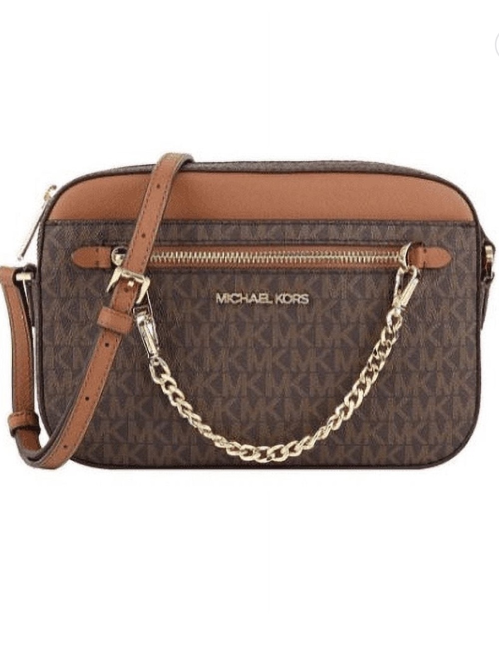 Michael Kors Womens Jet Set Signature Logo PVC Crossbody with Tan Trim/Brown